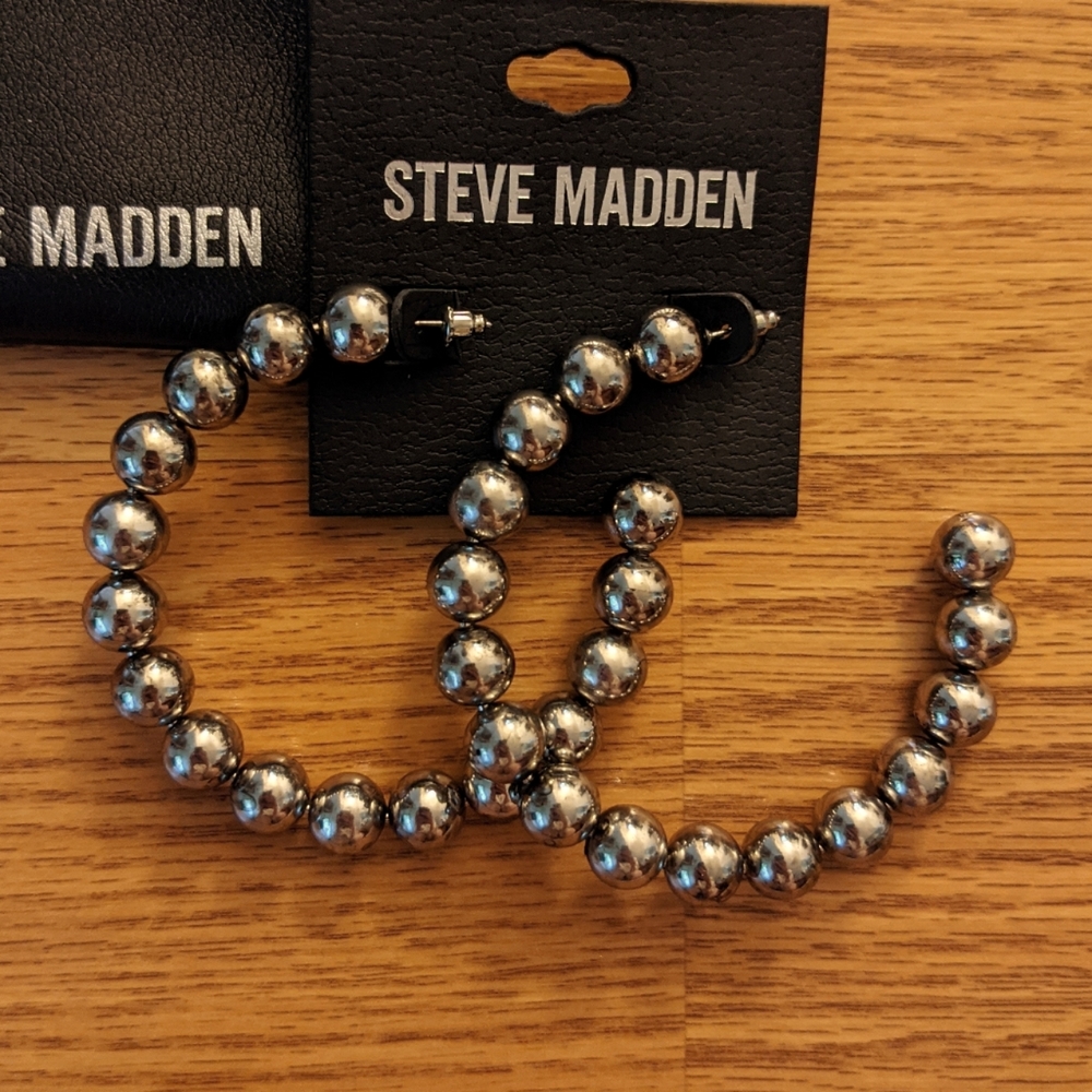 NWT Steve Madden 60mm Silver Beaded Open Hoop Earrings